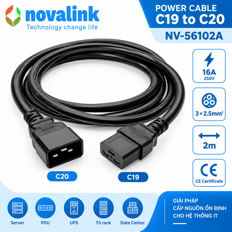 D&acirc;y nguồn C19 to C20 tiết diện 3*2.5mm d&agrave;i 2m, 16A, novalink NV-56102A
